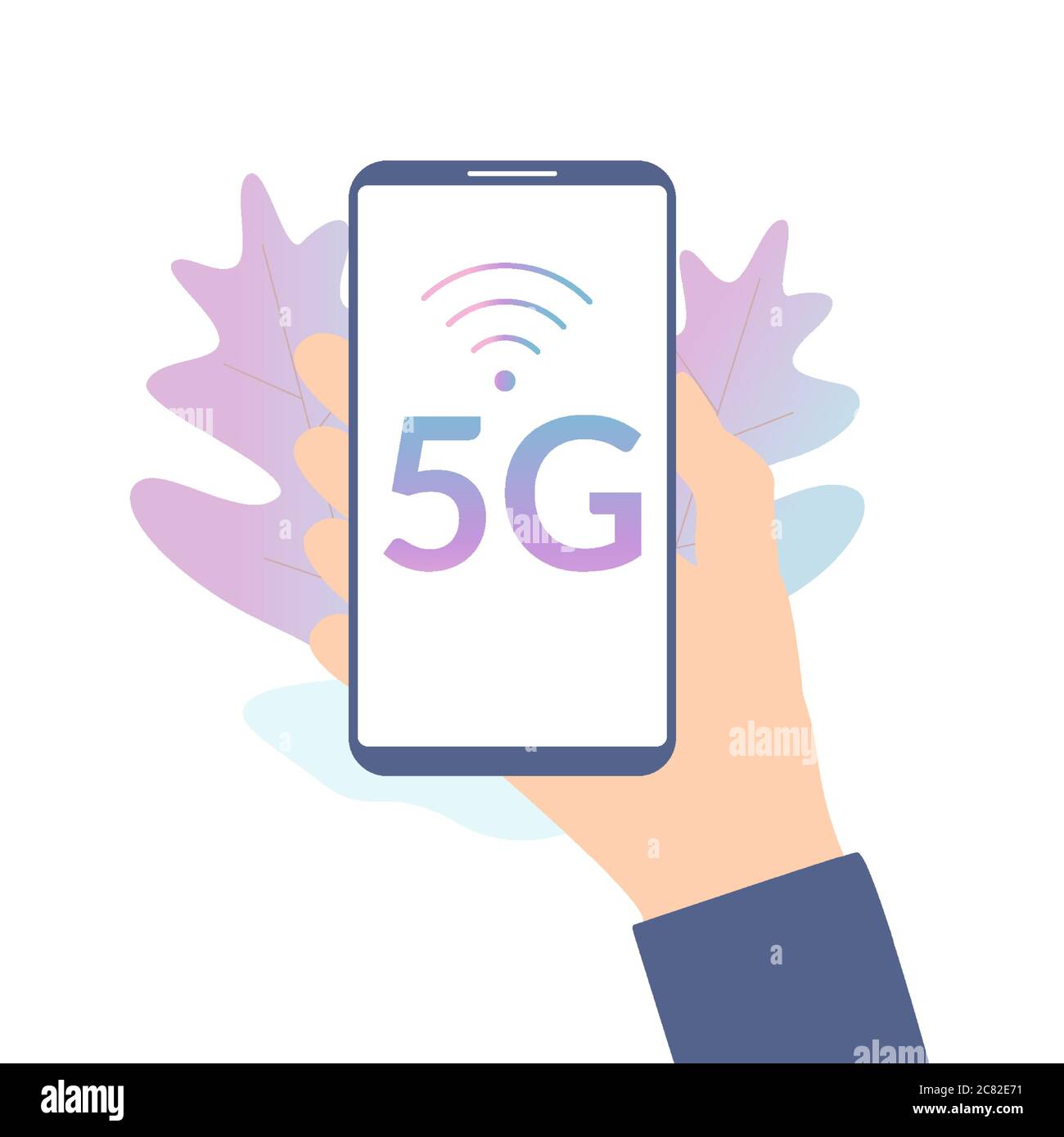 Hand holding smart phone with 5g wireless network technology symbol on the screen . Smartphone and 5G vector illustration isolated Stock Vector