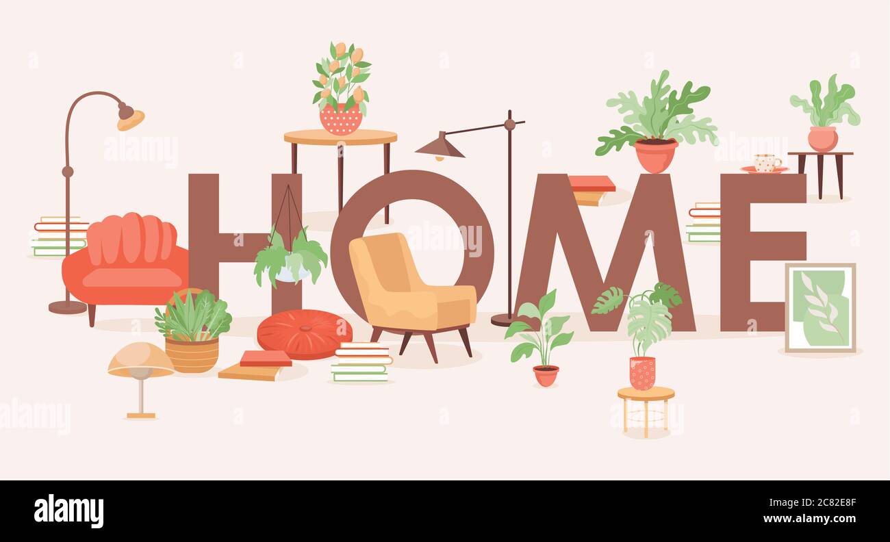 Home word banner design. Cute modern home furniture, and household