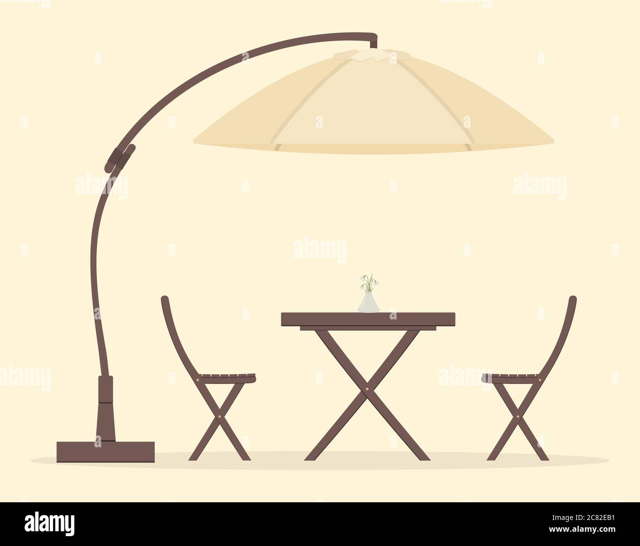 Concept of coffee time: wooden garden furniture or a set of furniture for the balcony: folding table with vase with snowdrops, chairs and umbrella Stock Vector