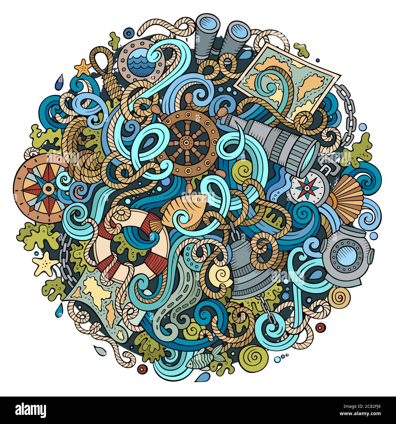 Cartoon cute doodles hand drawn nautical illustration Stock Vector