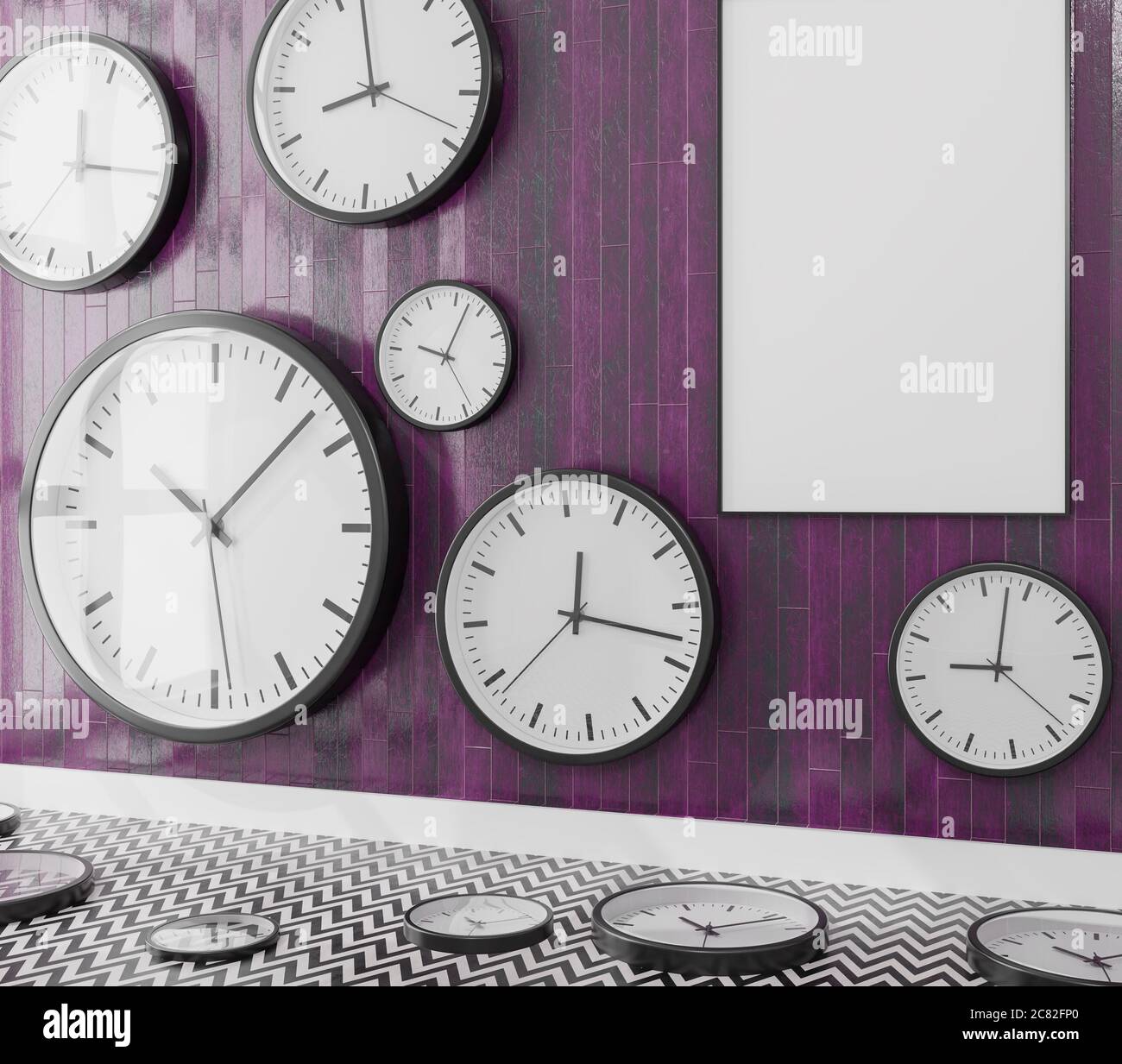 Group of wall clocks in a wooden wall .3d rendering Stock Photo