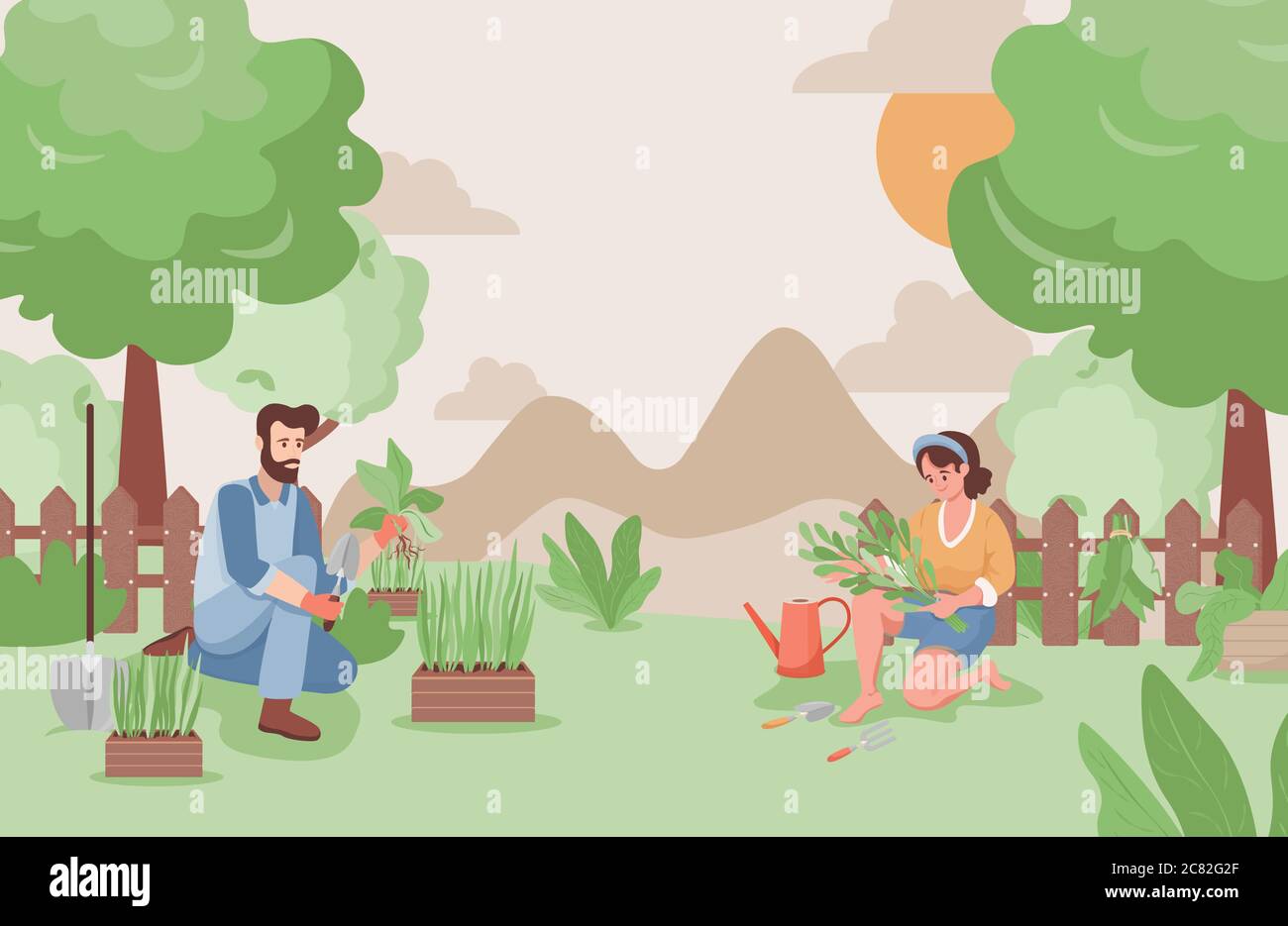 Happy man and woman working in the garden in summer vector flat illustration. Farmers or gardeners planting trees or flowers. Summer countryside landscape with green trees, hills, and bushes. Stock Vector