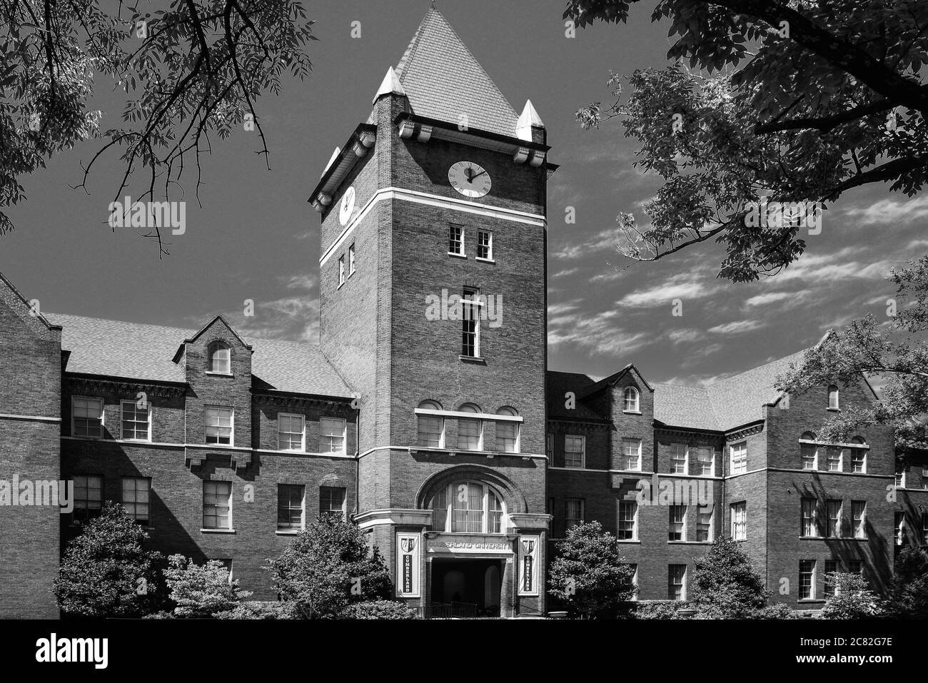 Cumberland University Memorial Hall, on the historic campus of Cumberland University in Lebanon, TN, USA, in black and white Stock Photo