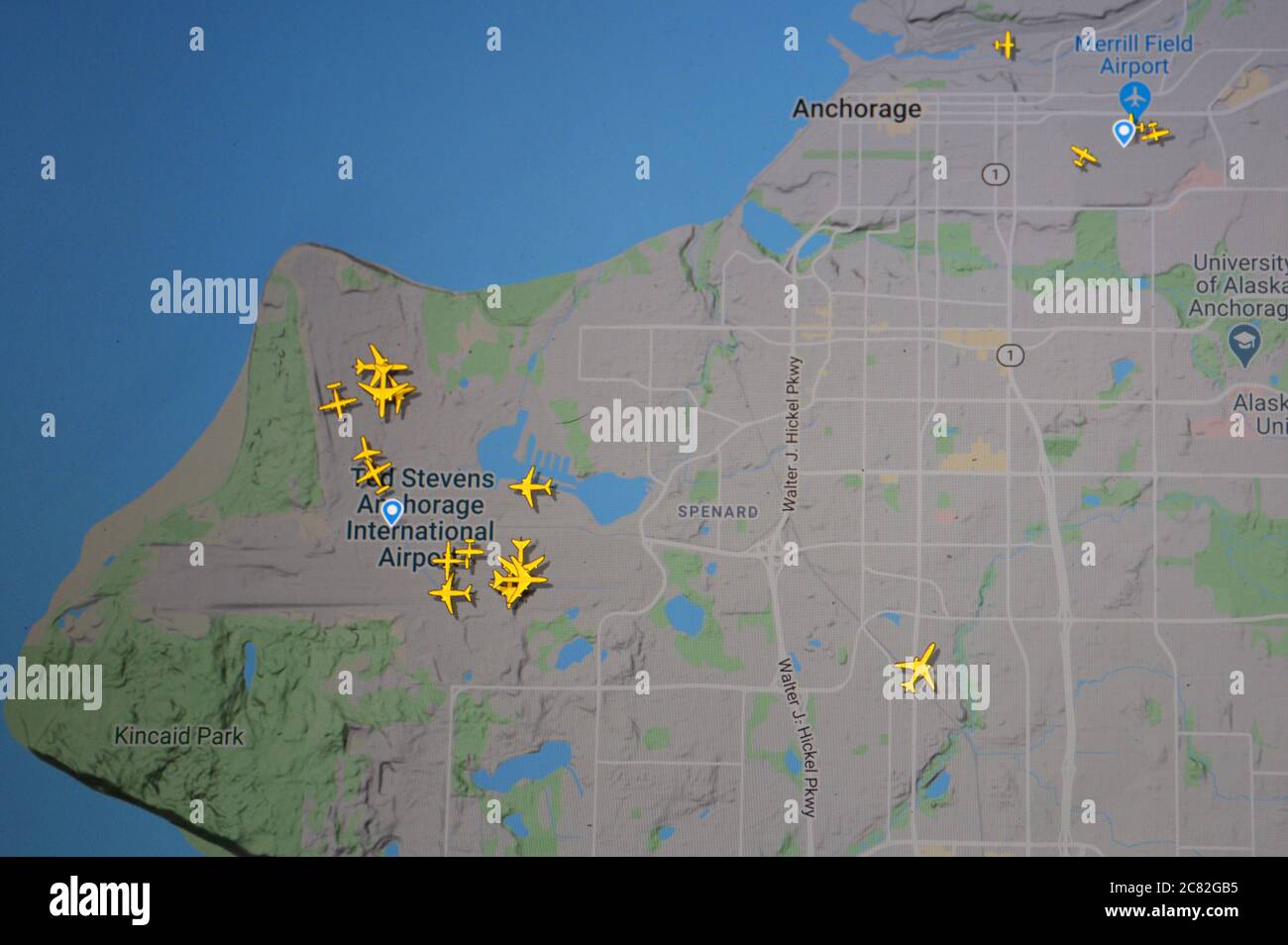 air traffic on Anchorage international airport (20 july 2020, UTC 21.45)  on Internet with Flightradar 24 site, during the Coronavirus Pandemic Stock Photo