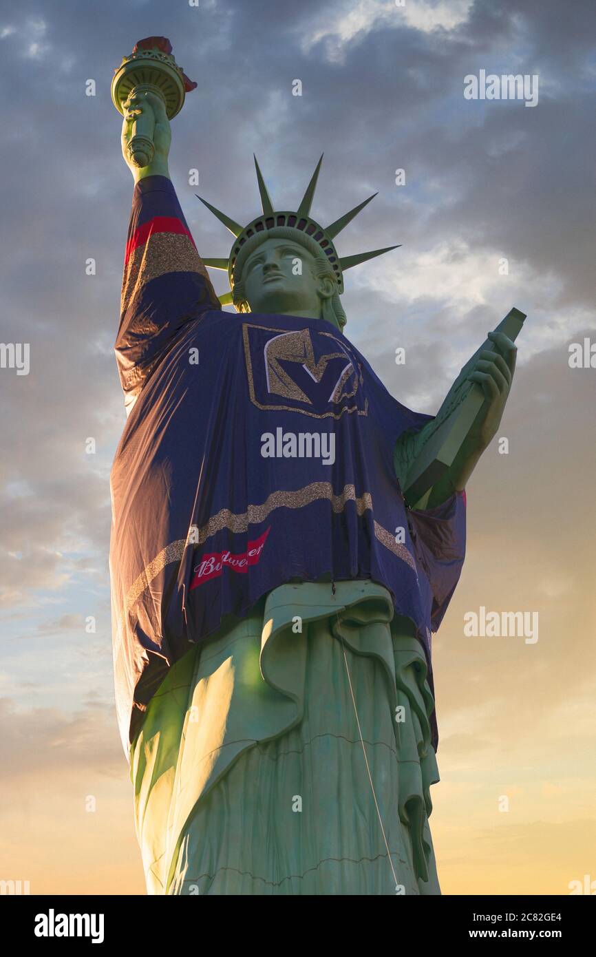 The Statue of Liberty wearing a Golden Knights jersey outside the New