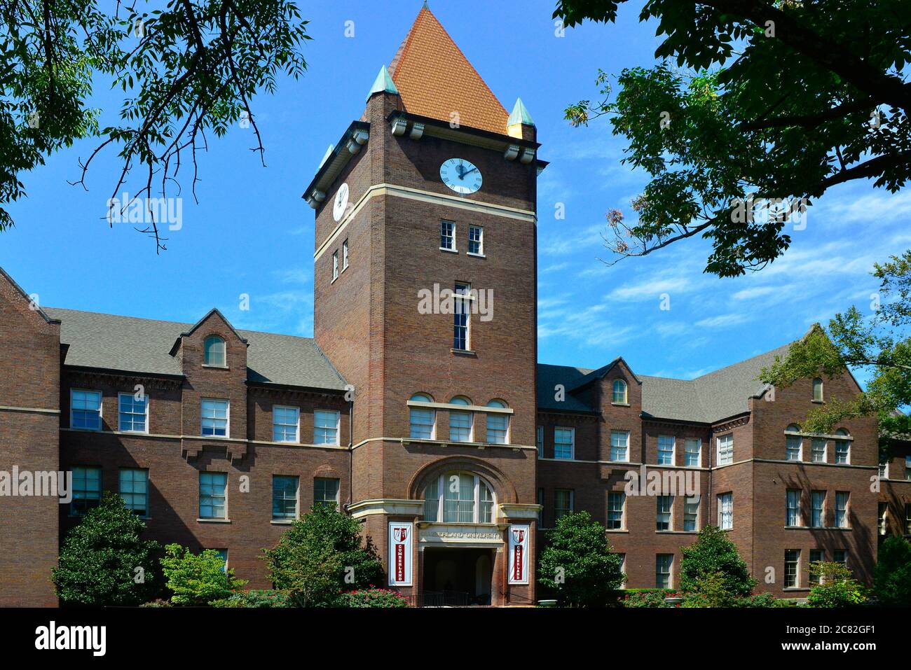 Distinctive clocktower at Cumberland University Memorial Hall, on the historic campus of