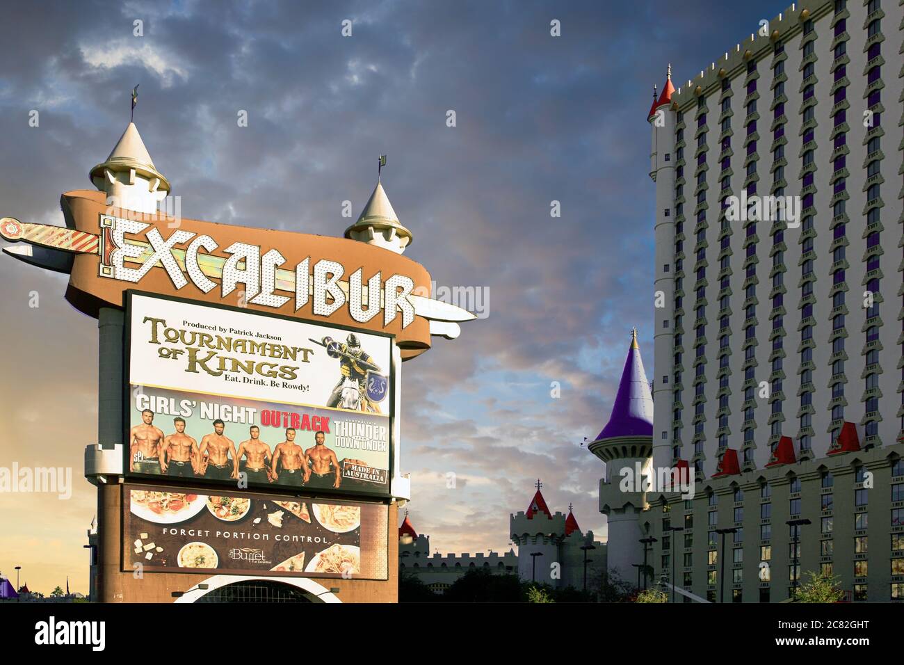 The welcome sign to the Excalibur Hotel in downtown Las Vegas, NV Stock Photo