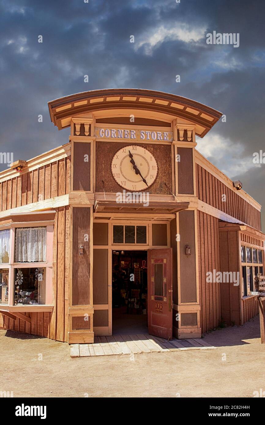 The corner store selling supplies in the wild west movie set town of Old Tucson, AZ Stock Photo