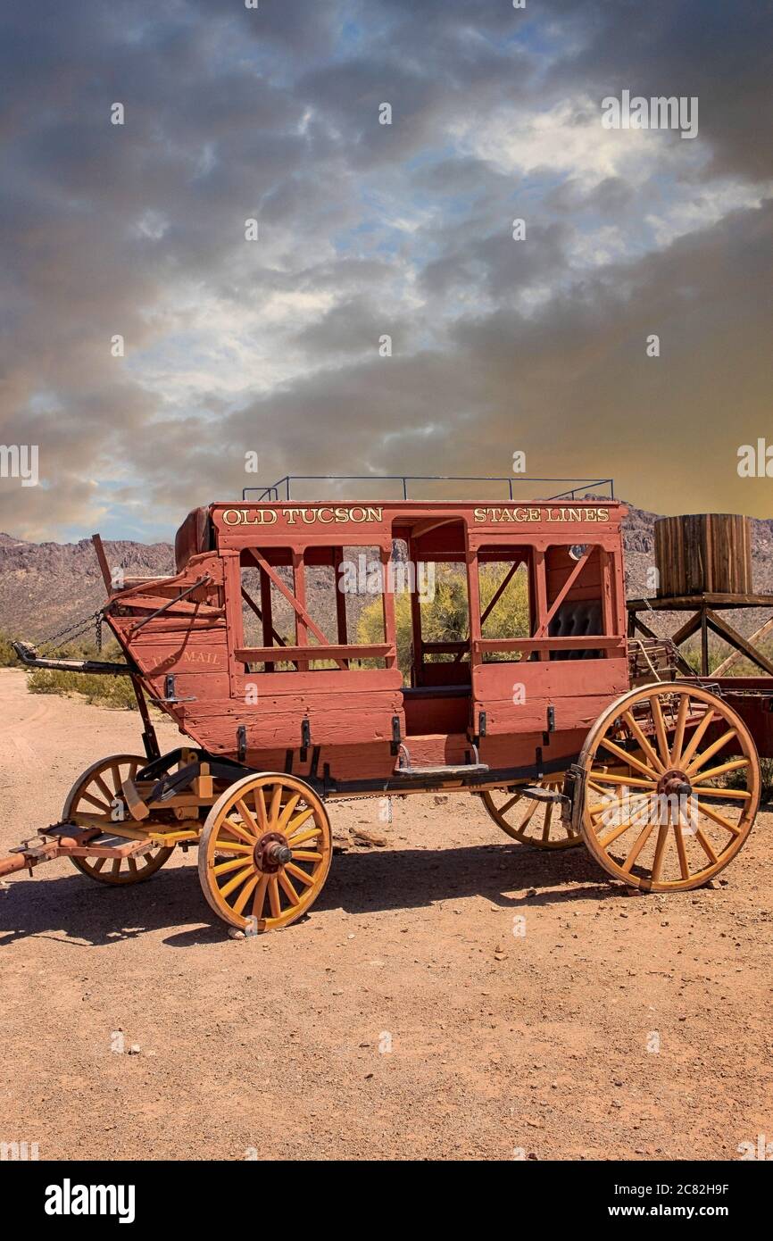 Stagecoach at the wild west movie set town of Old Tucson, AZ Stock Photo