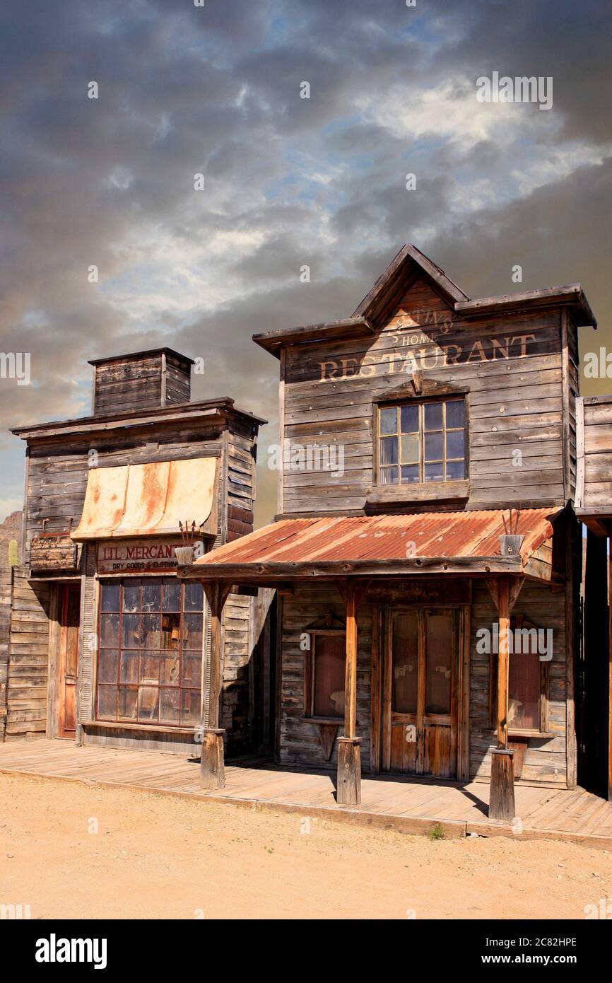 Building frontages at the wild west movie set town of Old Tucson, AZ