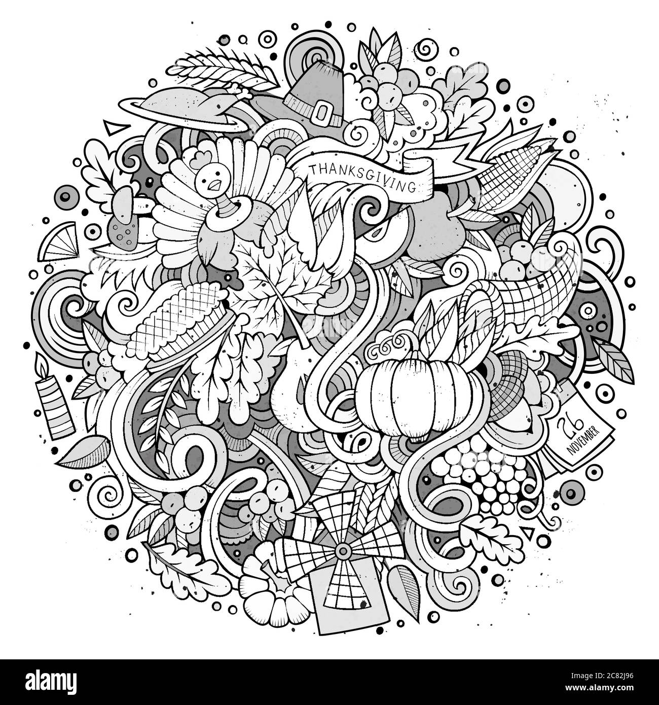 Cartoon cute doodles hand drawn Thanksgiving illustration Stock Vector ...