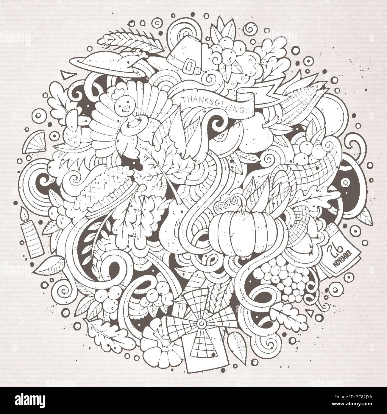 Cartoon cute doodles hand drawn Thanksgiving illustration Stock Vector ...