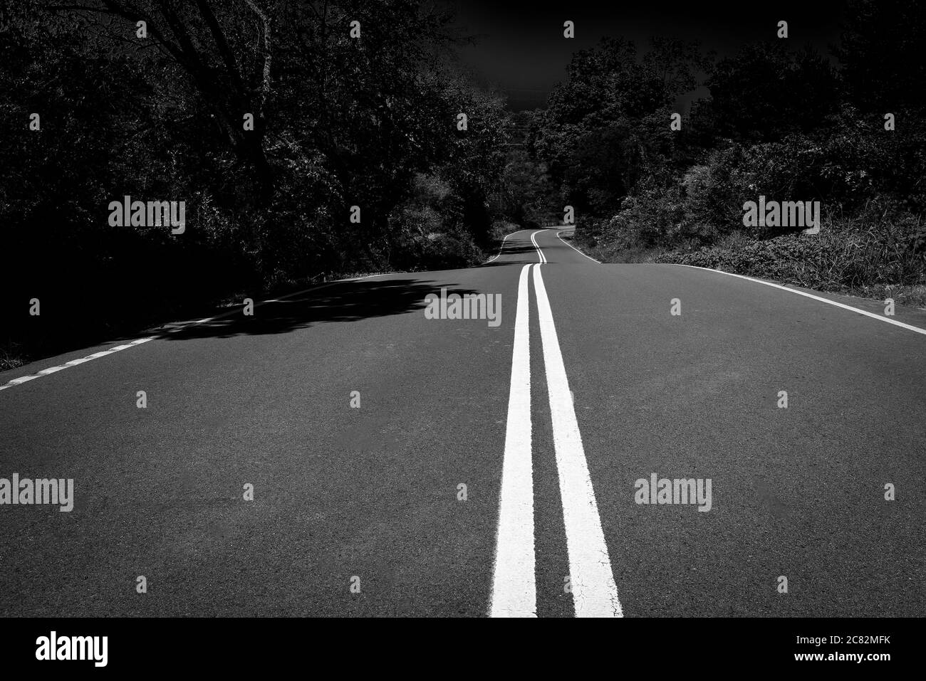 A low angle view from the middle of the striped country highway to the curve ahead in rural Middle Tennessee, USA, in black and white Stock Photo