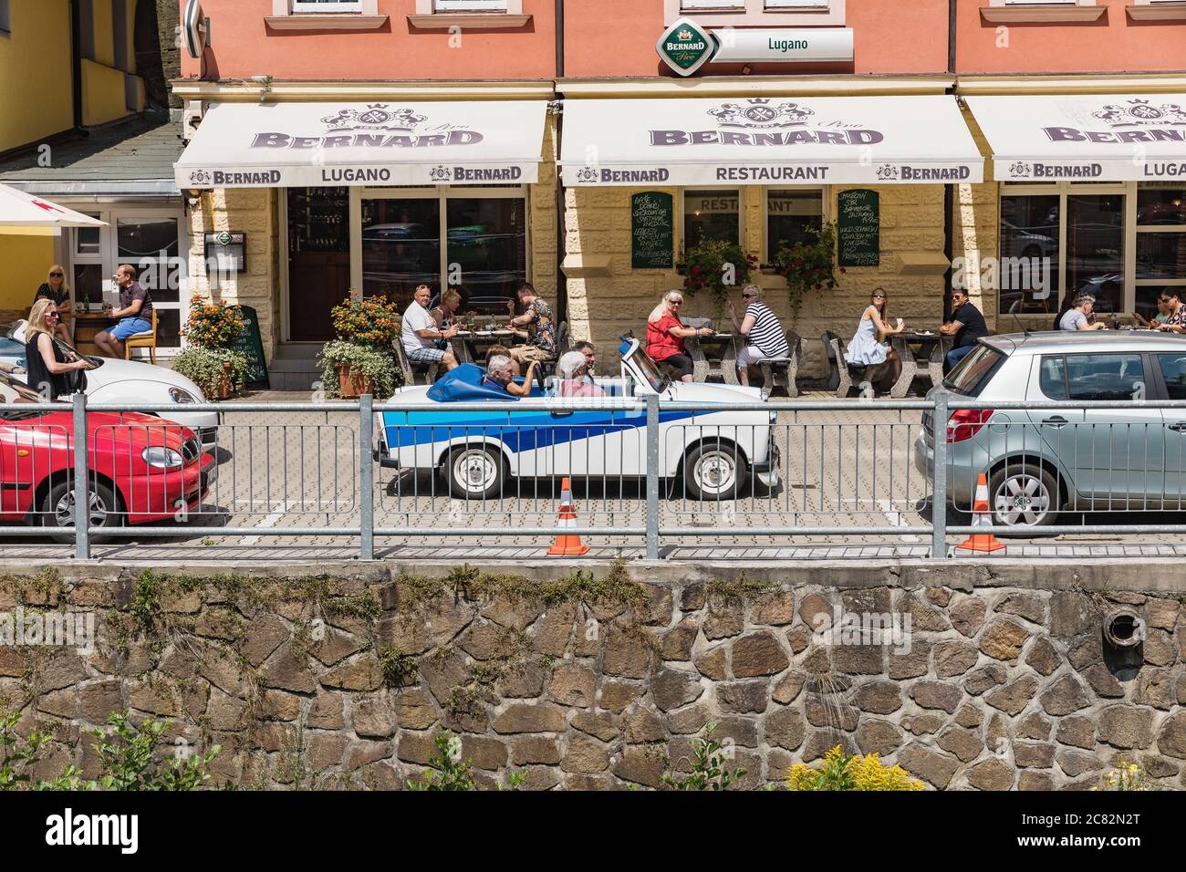 HRENSKO, CZECH REP - JULY 19, 2020. Historic Trabant car modified as a cabriolet. White-blue trabant on a sunny day in Hrensko, Czech Republic. Stock Photo