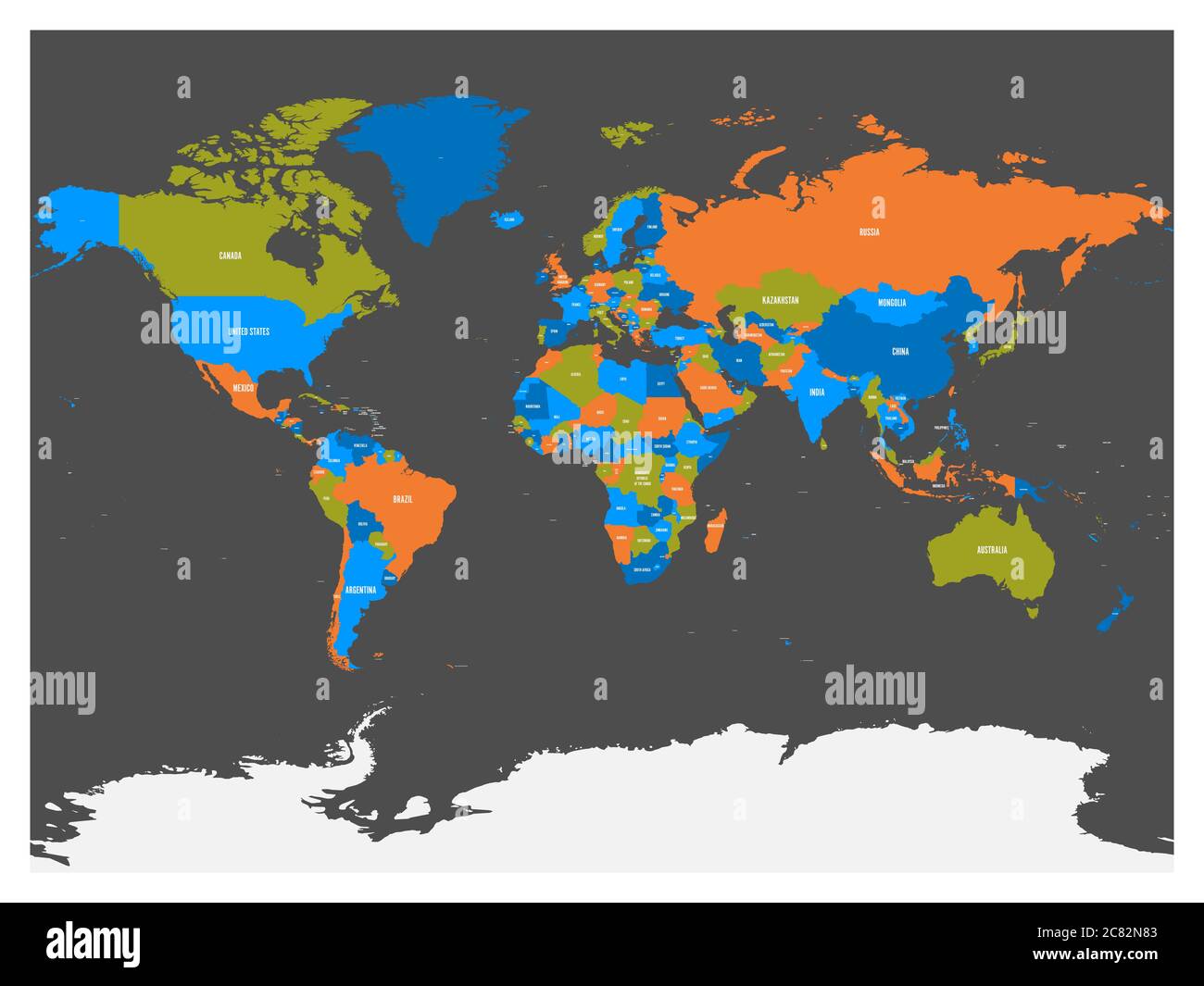 Political map of world with Antarctica. Countries in four different colors without borders on dark grey background. White labels with states and significant dependent territories names. High detail vector illustration. Stock Vector