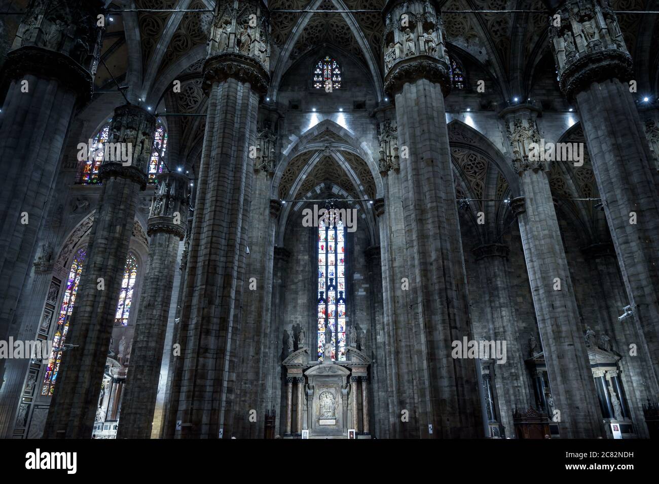 Milan, Italy - May 16, 2017: Interior of Milan Cathedral or Duomo di Milano.  It is great Catholic church, top landmark of Milan. Inside large dark Got  Stock Photo - Alamy