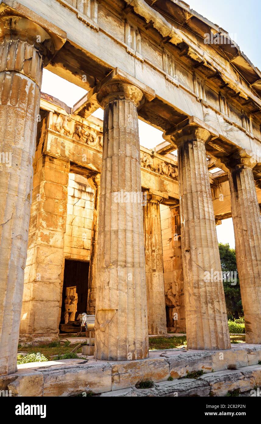 Temple of Hephaestus in Ancient Agora on sunny day, Athens, Greece. It is famous landmarks of Athens. Close view of classical Greek building in sunlig Stock Photo