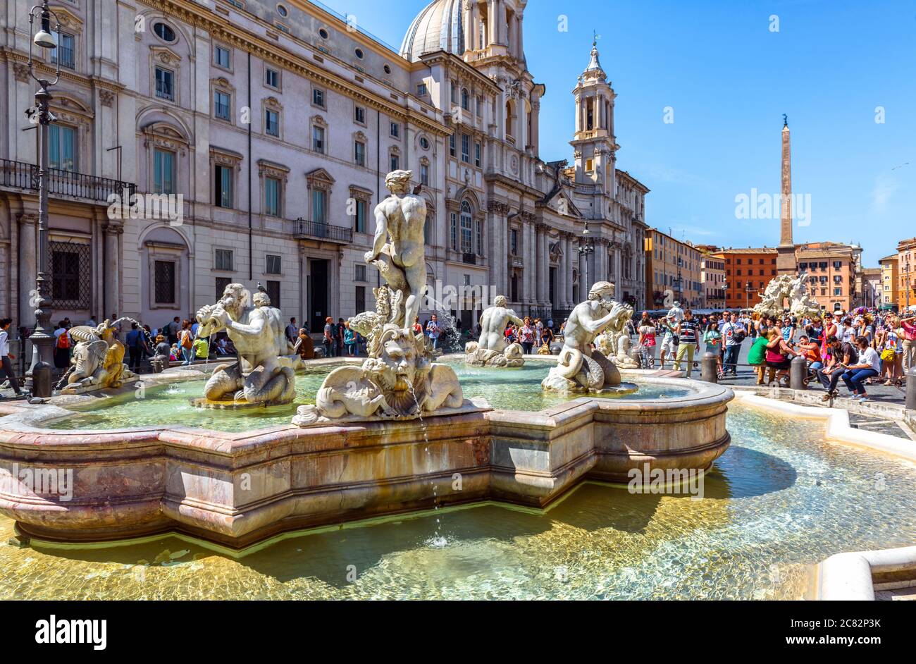 Rome - May 9, 2014: Beautiful Fontana del Moro or Moor Fountain on Piazza Navona, Rome, Italy. Navona square is one of main tourist attractions of Rom Stock Photo