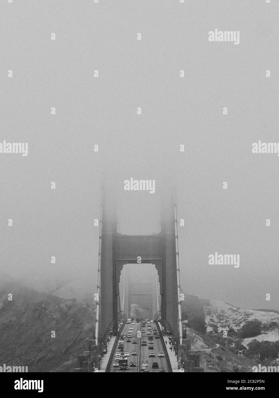 Grainy Black and White Foggy Golden Gate Bridge from SF Stock Photo
