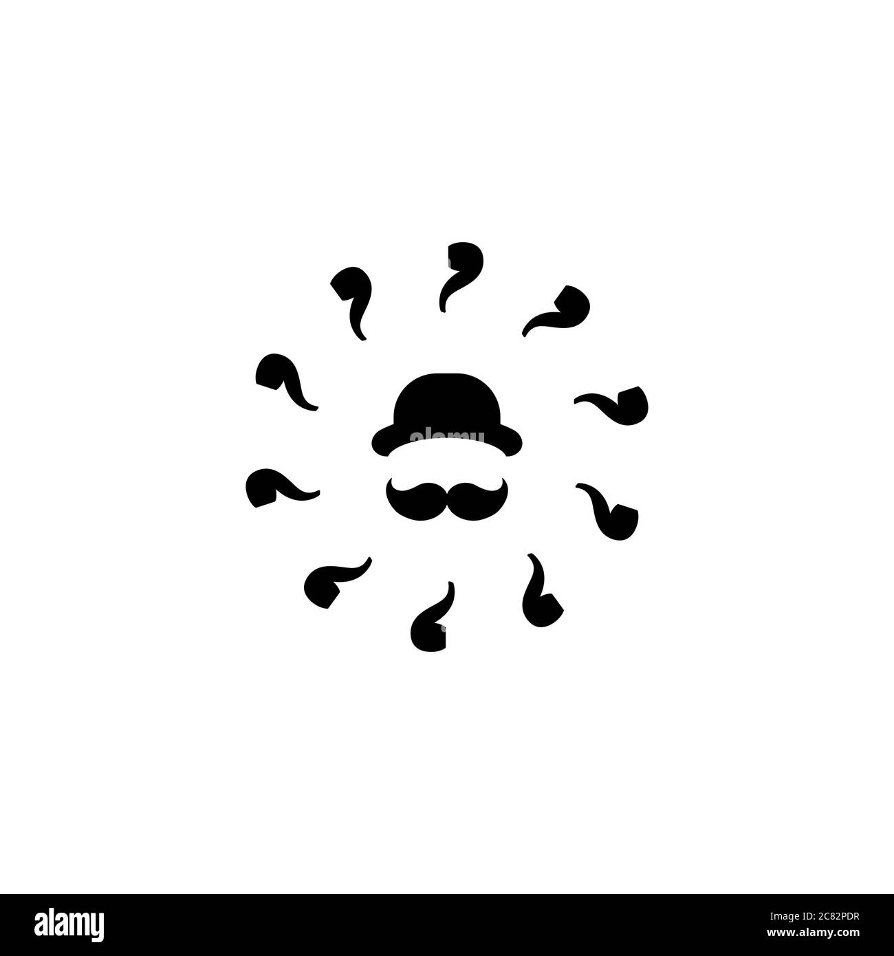 Silhouette of man's head with big moustache, bowler hat and smoking pipes. Gentleman icon isolated on white. Mafia, tobacco, party. Isolated on white. Stock Vector