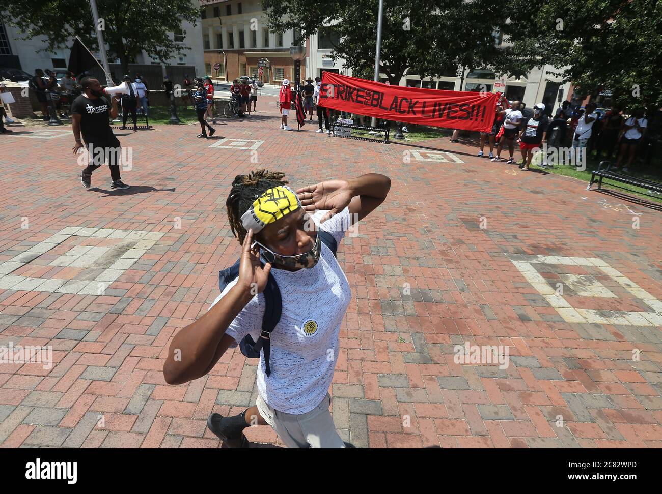 July 20, 2020, Durham, North Carolina, USA: AYANNA MORTON of Durham, NC leads activists in a chant joining tens of thousands around the country protesting systemic racism and economic inequality that has only worsened during the coronavirus pandemic. Credit: ZUMA Press, Inc./Alamy Live News Stock Photo