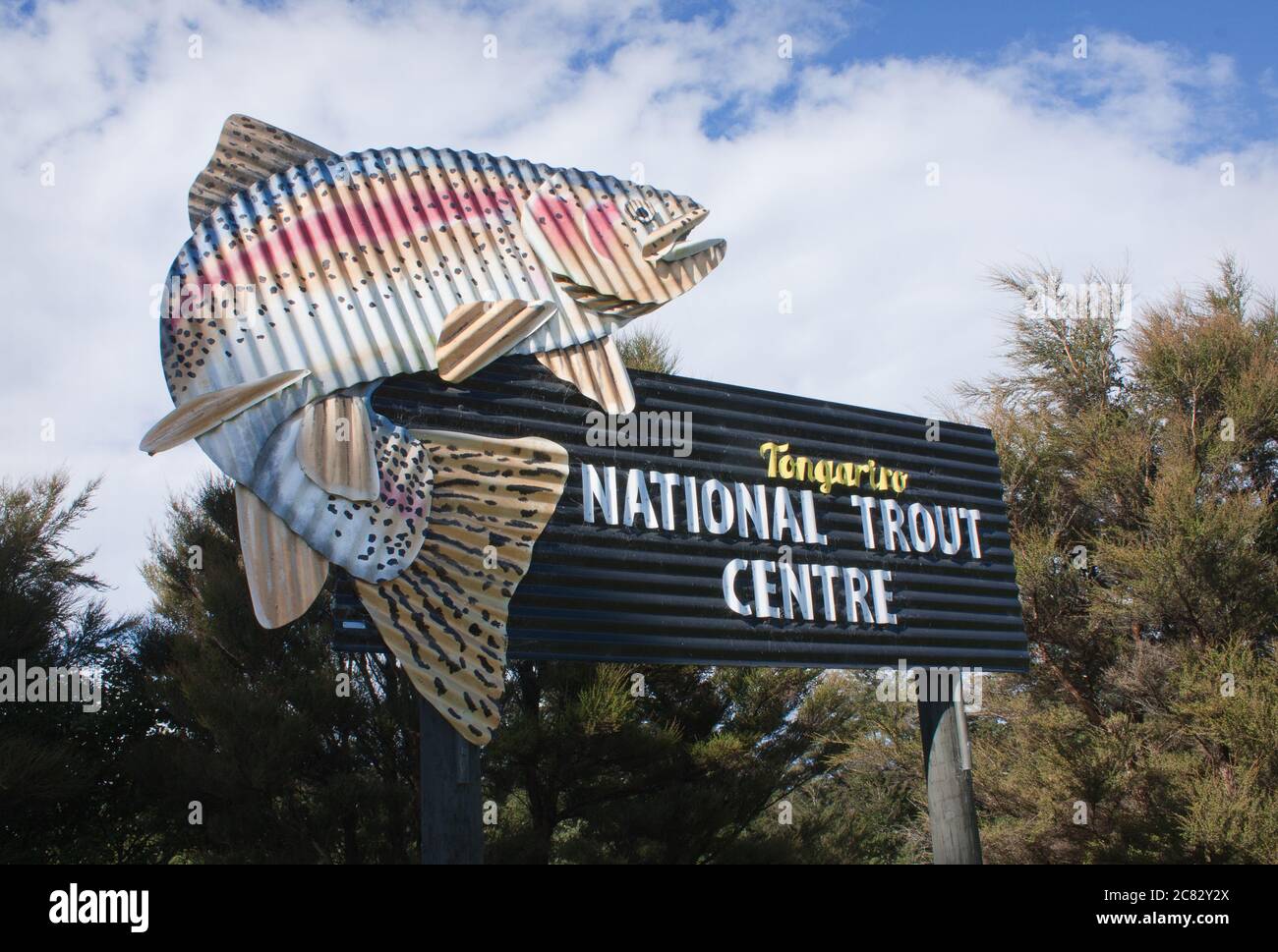 Turangi, New Zealand - Apr 18th 2018: Sign for the Tongariro National Trout Centre Stock Photo