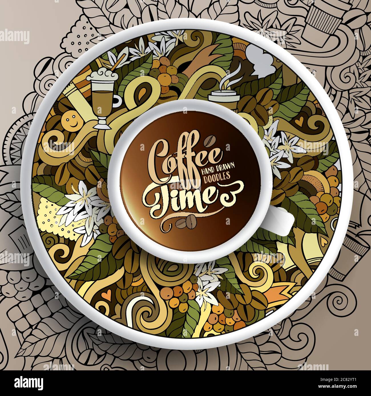 Vector illustration with a Cup and hand drawn Coffee doodles Stock ...