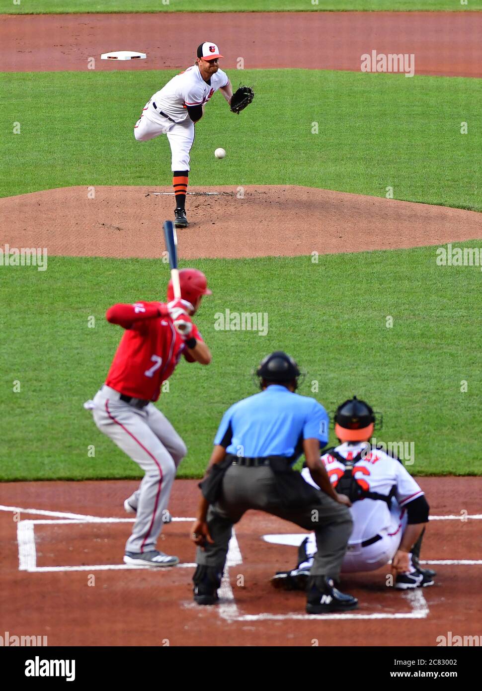 Baltimore, United States. 20th July, 2020. Baltimore Orioles starting pitcher Alex Cobb (17) delivers to Washington Nationals Trea Turner (7) during the first inning of a Major League Baseball preseason game at Camden Yards in Baltimore, MD, on Monday, July 20, 2020. Photo by David Tulis/UPI Credit: UPI/Alamy Live News Stock Photo