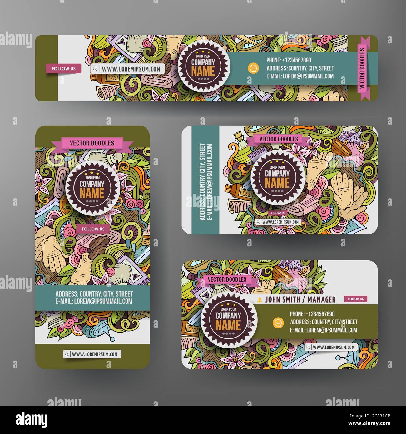 Corporate Identity vector templates set with doodle Massage theme Stock ...