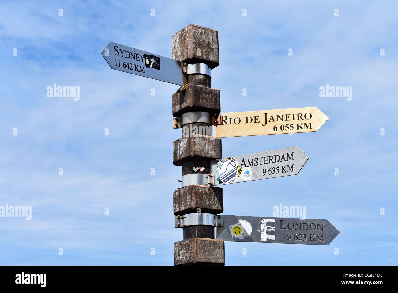 A wooden directional sign at Cape Point, Cape Town, South Africa, points the way to London, Sydney, Rio and Amsterdam. Stock Photo