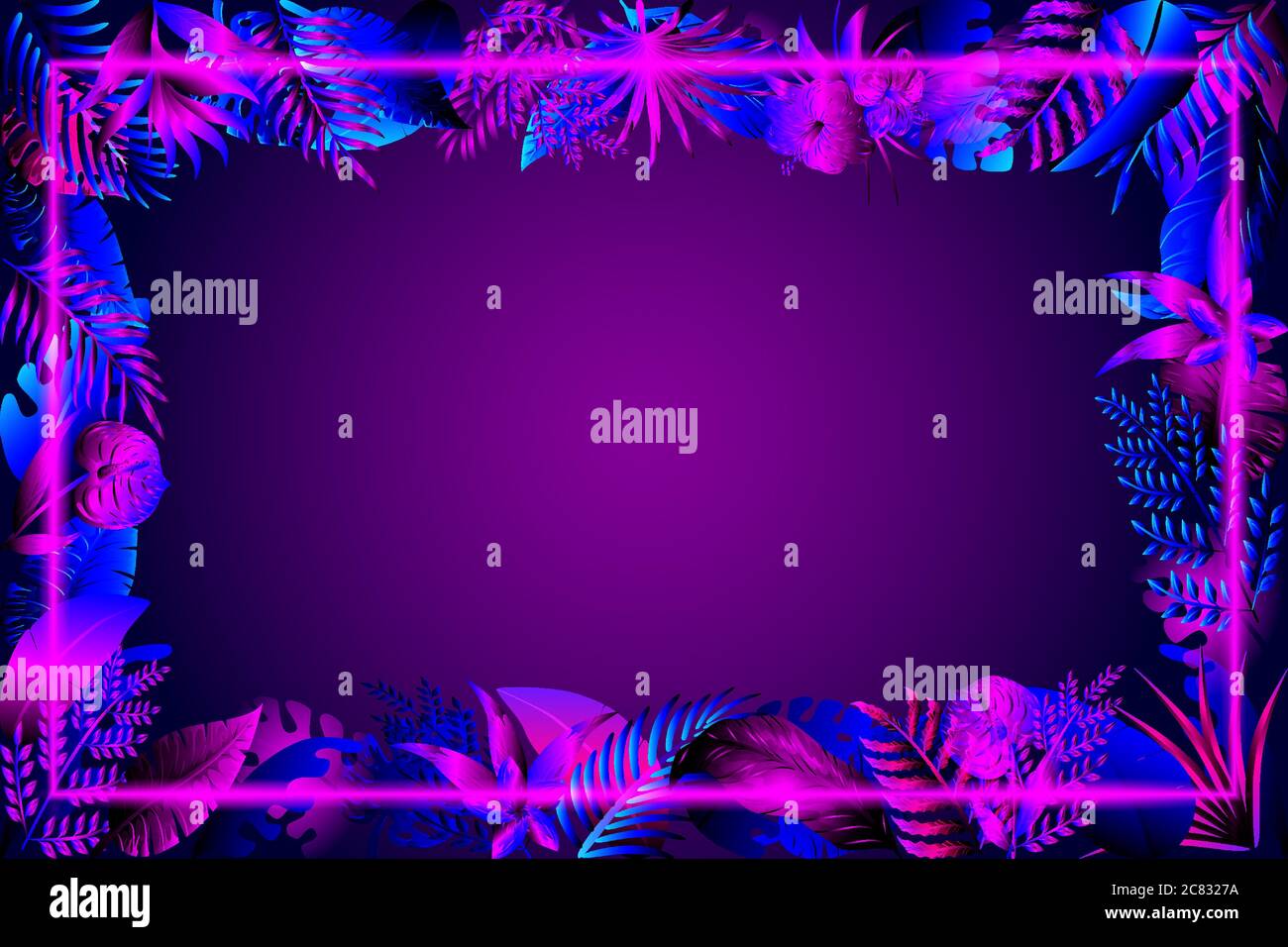 Abstract leaves background with neon frame vector illustration Stock ...