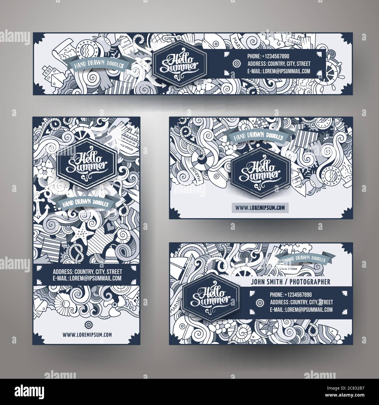 Corporate Identity vector templates set doodles marine theme Stock ...
