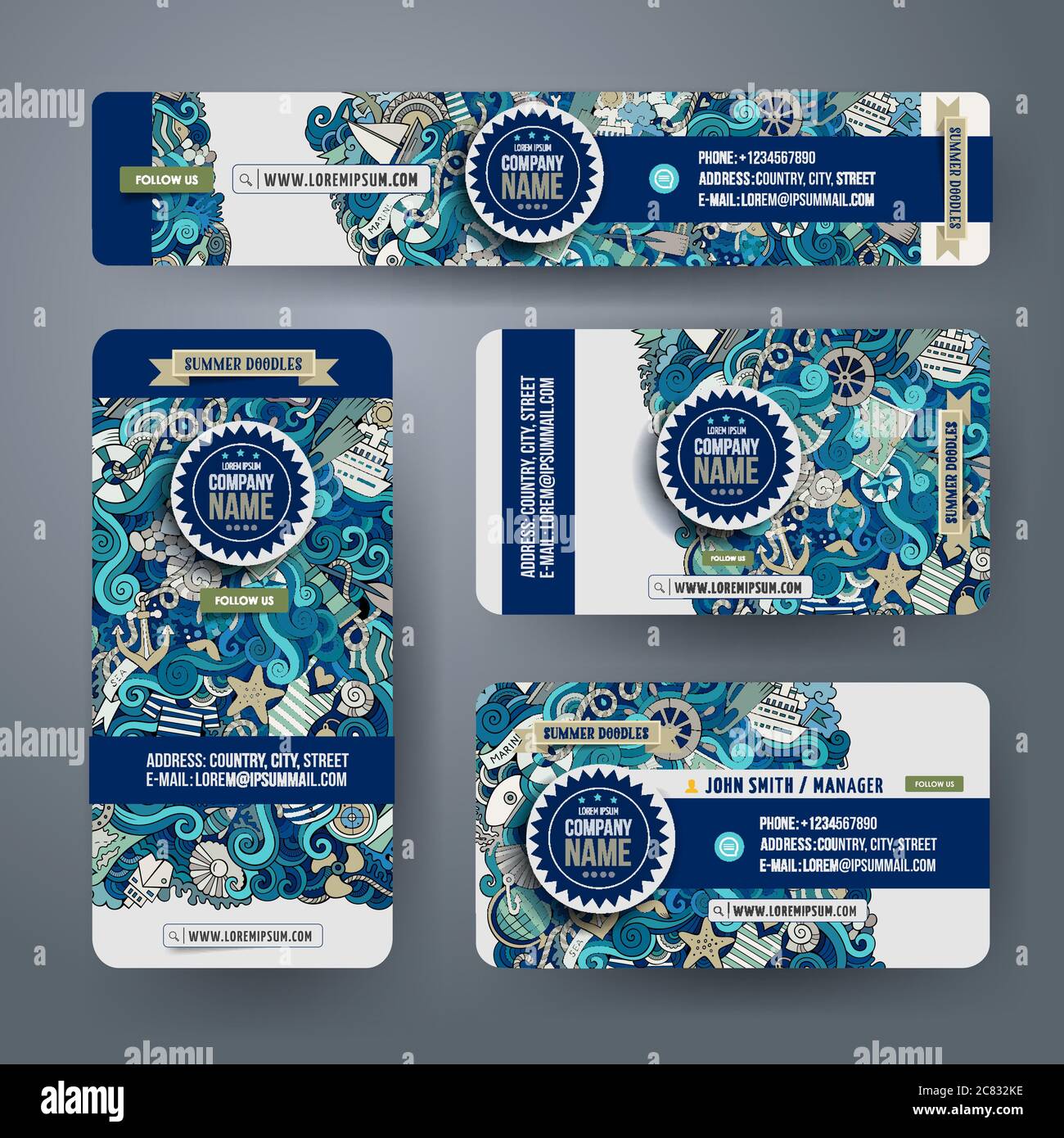 Corporate Identity vector templates set with doodles marine them Stock ...