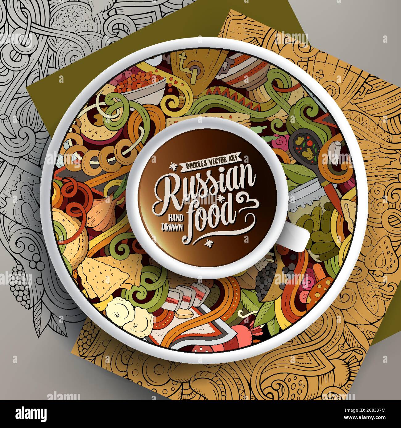 Cup of coffee and Russian food doodles on a saucer, paper and ...
