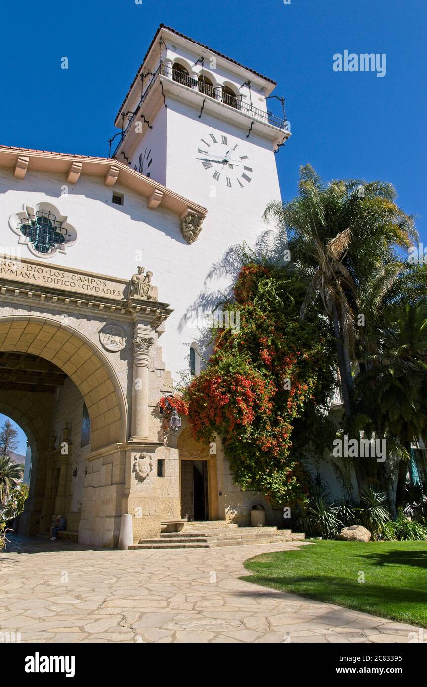 Historic Santa Barbara superior court house, California.  The Spanish Colonial Revival style building covering a city block was built in 1929. Stock Photo