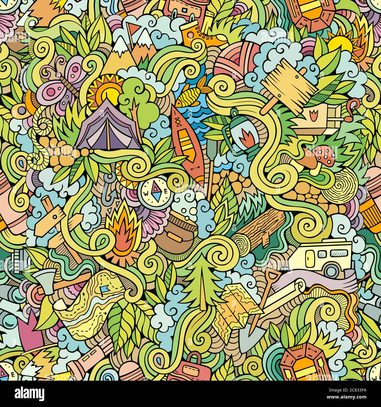 Cartoon vector doodles camping seamless pattern Stock Vector Image ...