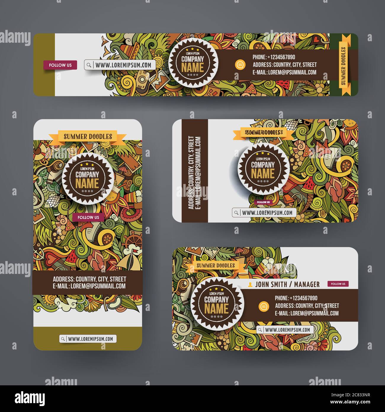 Corporate Identity vector templates set with doodles summer theme Stock ...