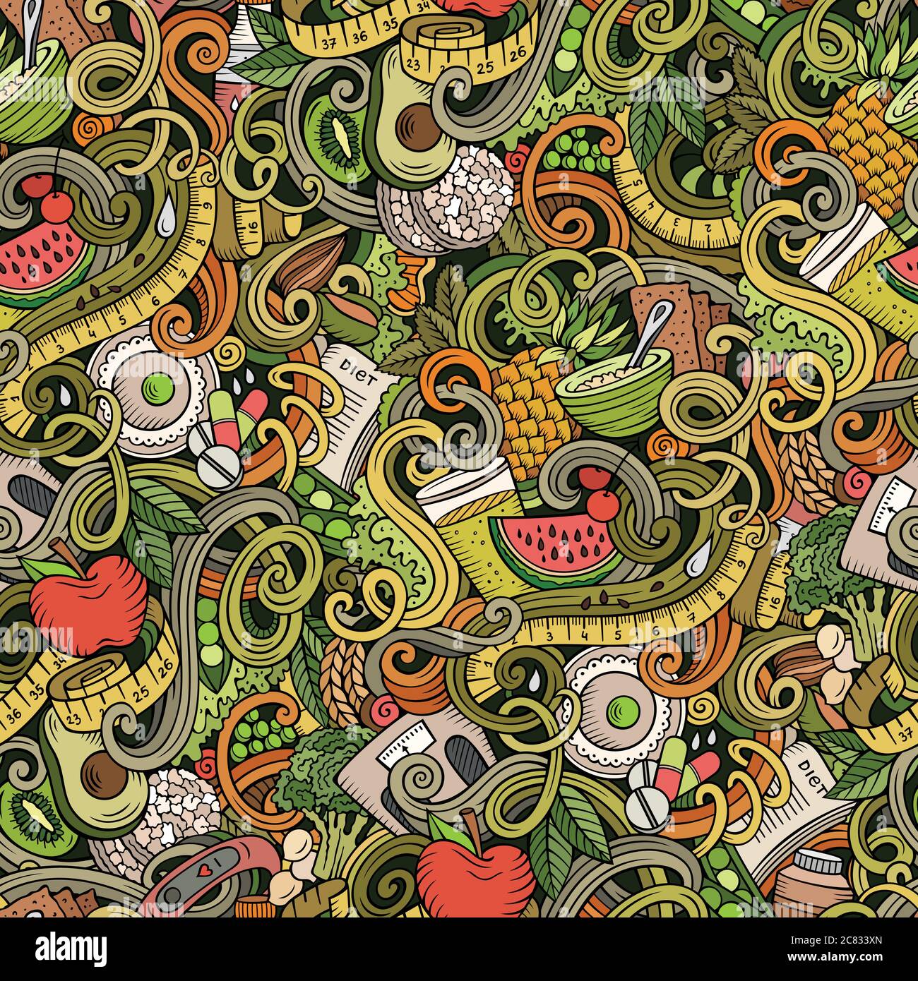 Cartoon cute doodles hand drawn Diet food seamless pattern Stock Vector ...