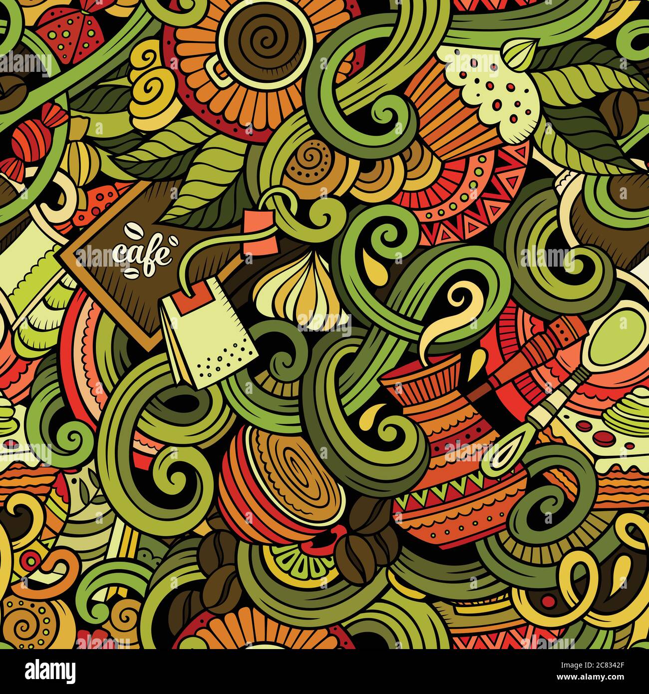 Pattern Cafe Vector Cartoon hand-drawn doodles of cafe, coffee shop seamless pattern Stock ...
