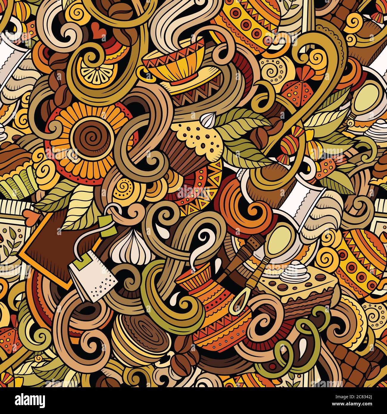 Pattern Cafe Vector Cartoon hand-drawn doodles of cafe, coffee shop seamless pattern Stock ...