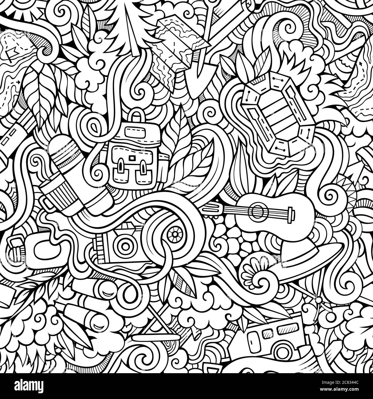 Cartoon vector doodles camping seamless pattern Stock Vector Image ...