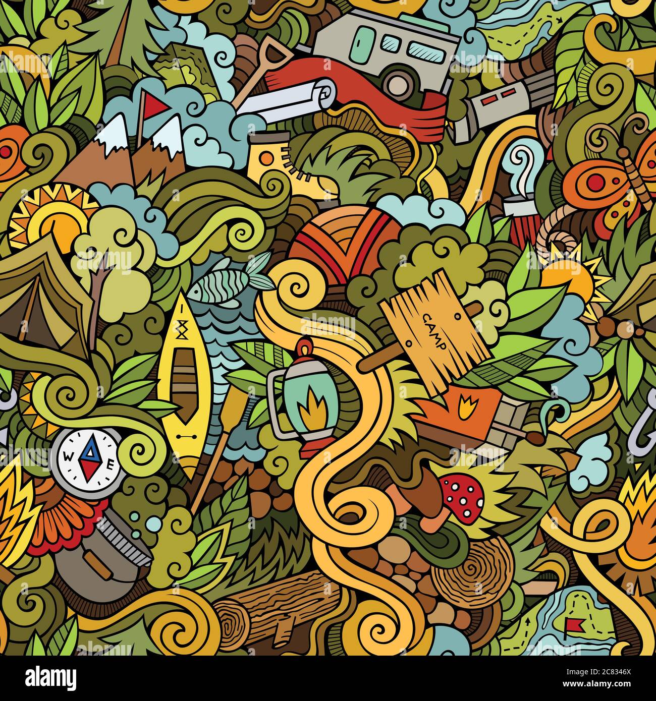 Cartoon vector doodles camping seamless pattern Stock Vector Image ...