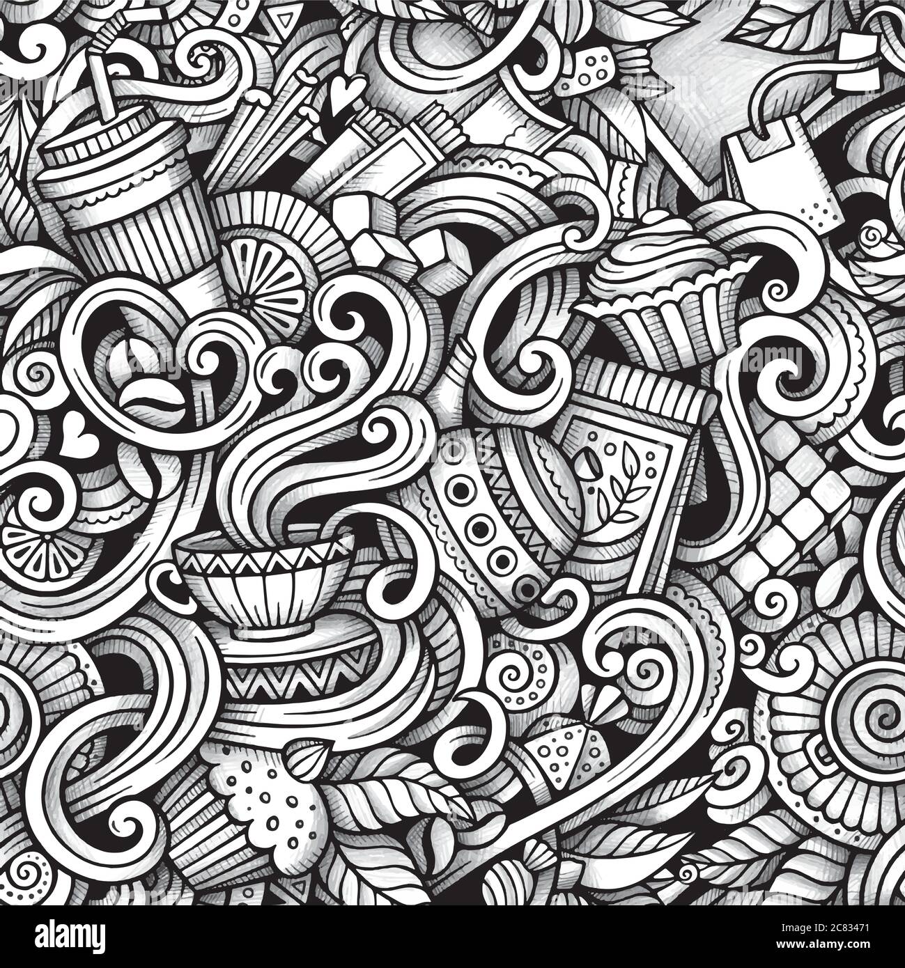 Cartoon hand-drawn doodles tea and coffee seamless pattern Stock Vector ...