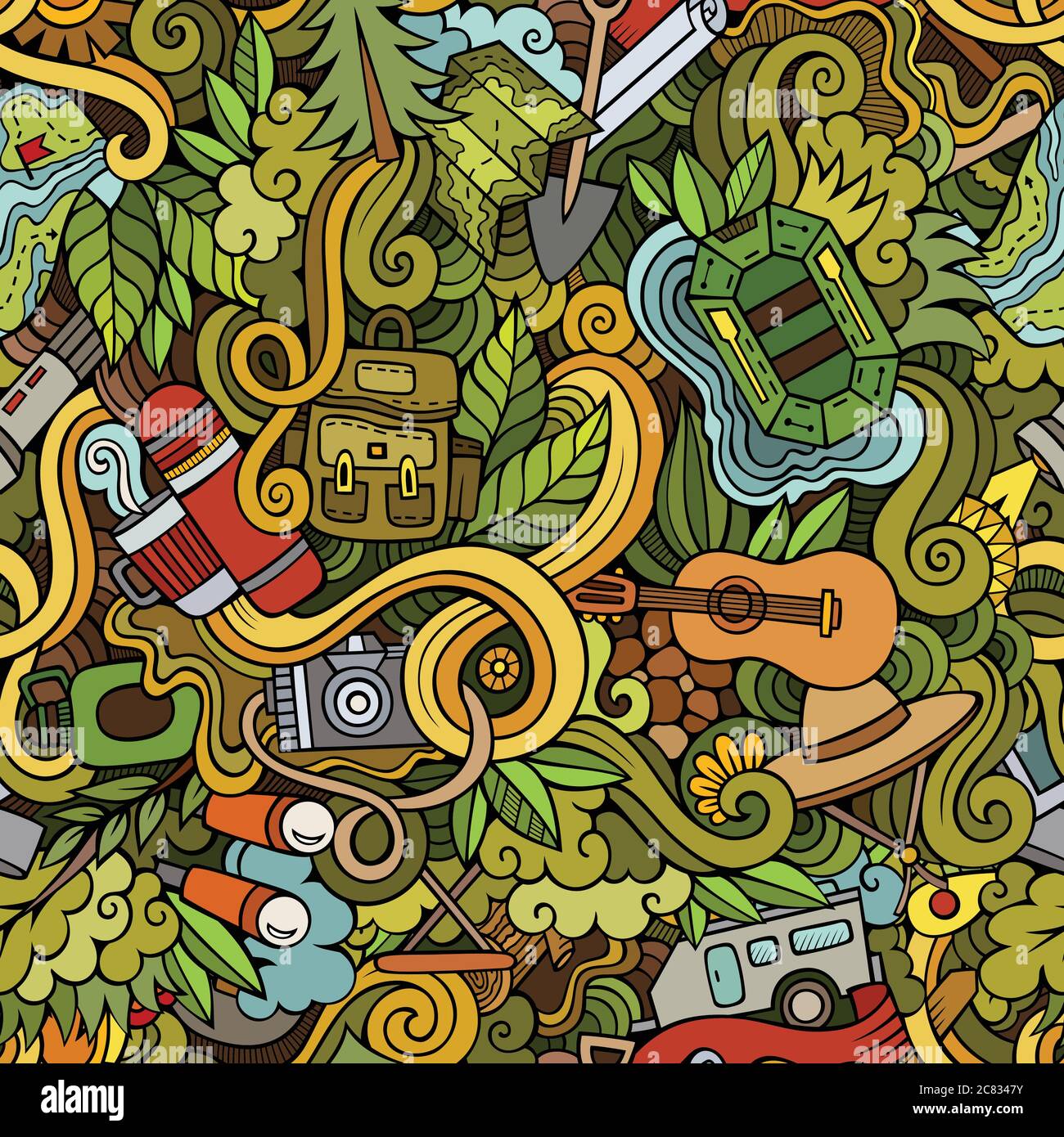 Cartoon vector doodles camping seamless pattern Stock Vector Image ...