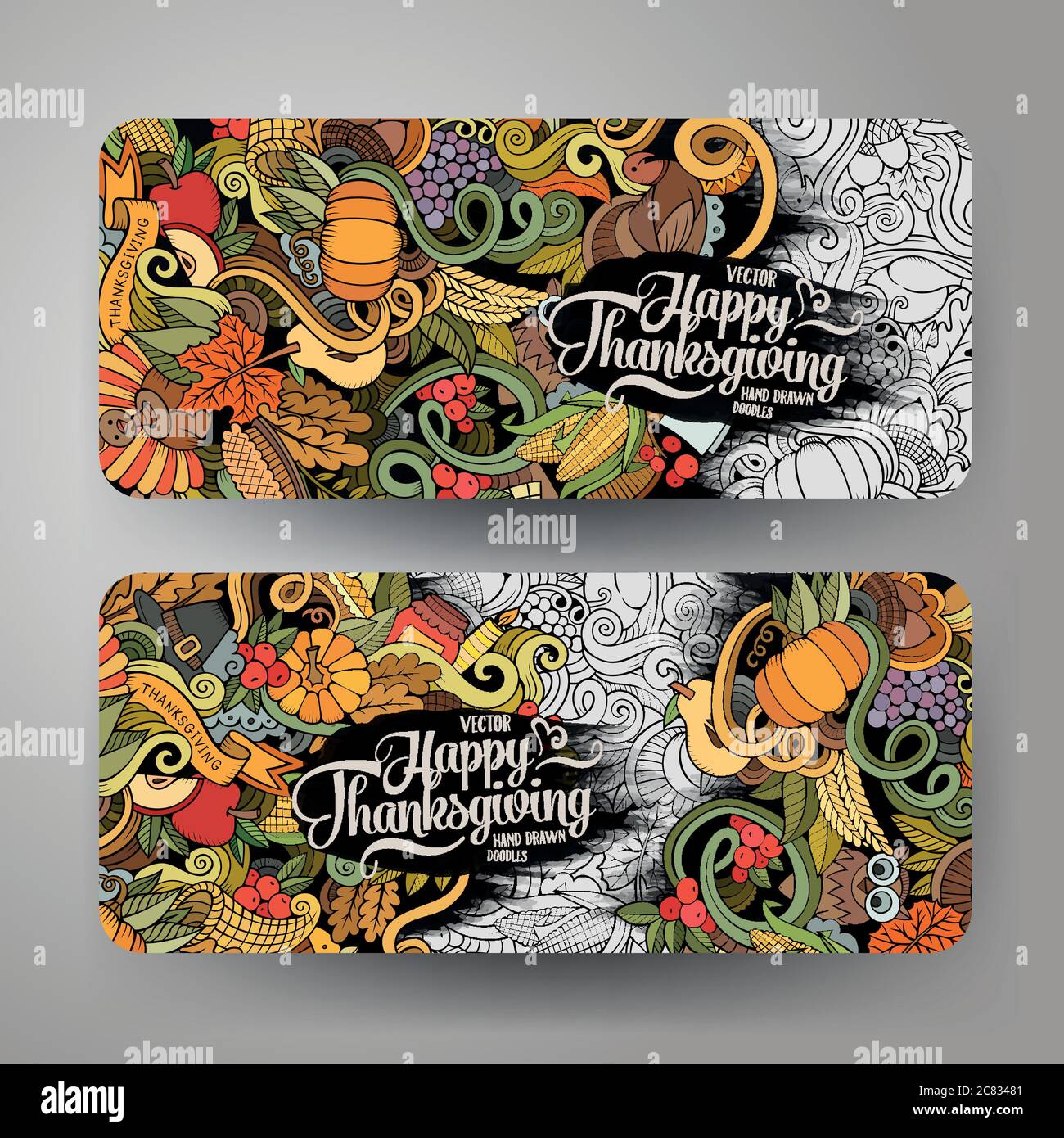 Cartoon vector hand-drawn Doodle Happy Thanksgiving Day cards Stock ...