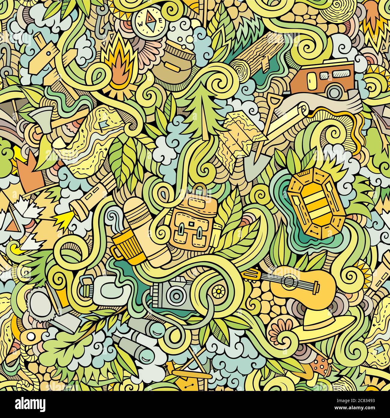 Cartoon vector doodles hand drawn camping seamless pattern Stock Vector ...