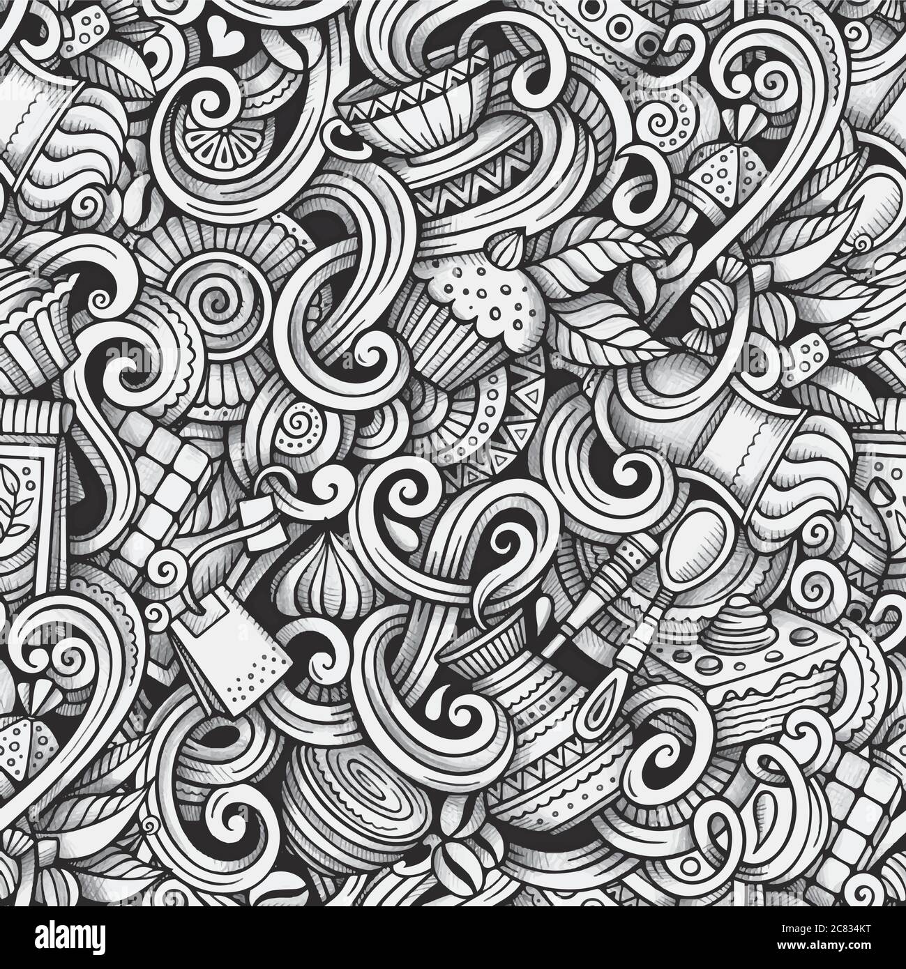 Cartoon hand-drawn doodles tea and coffee seamless pattern Stock Vector ...