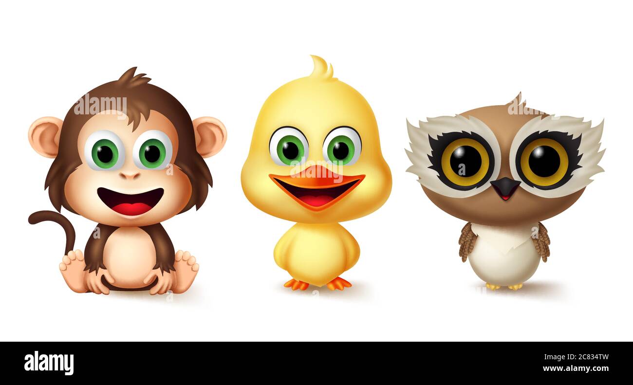 Animals character vector set. Monkey, duck and owl kids animal characters in cute smiling facial expression for pet collection design elements. Stock Vector