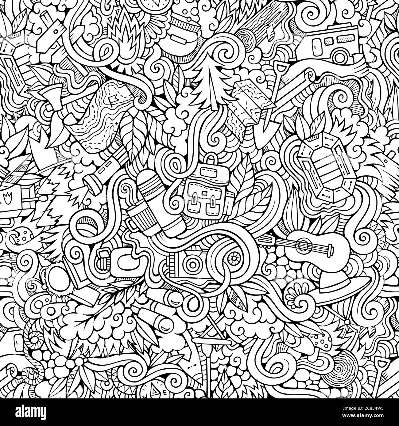 Cartoon vector doodles camping seamless pattern Stock Vector Image ...