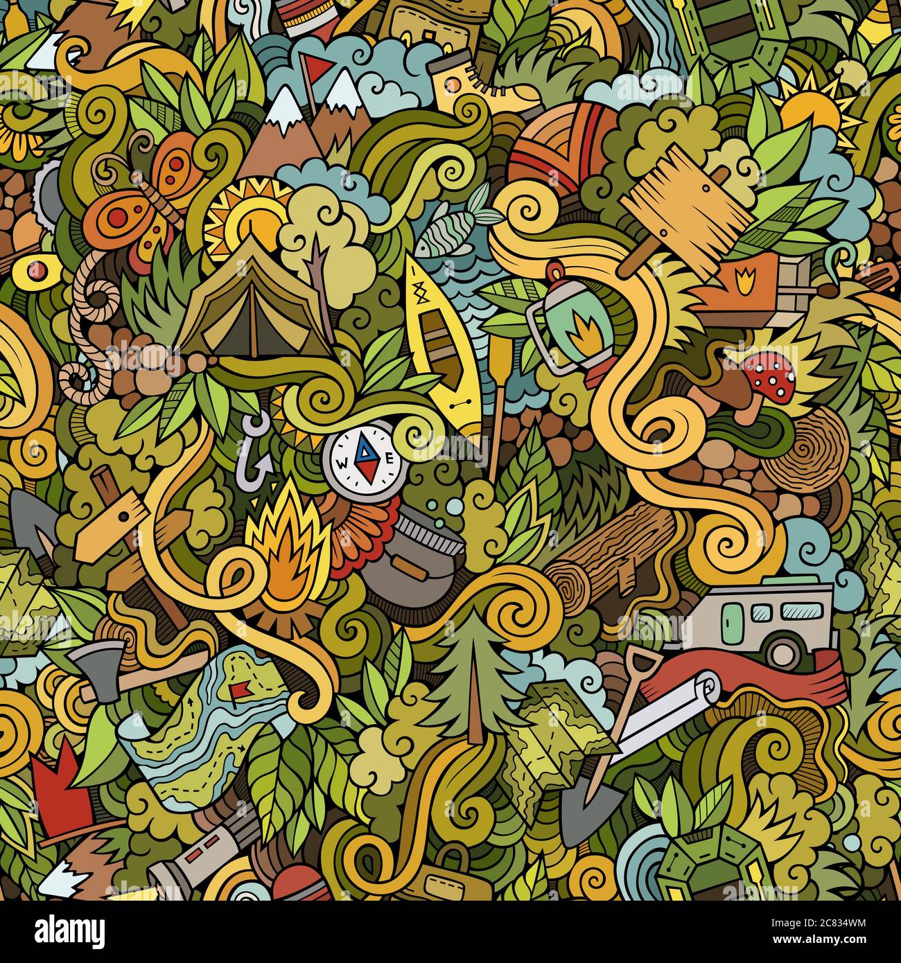 Cartoon vector doodles camping seamless pattern Stock Vector Image ...